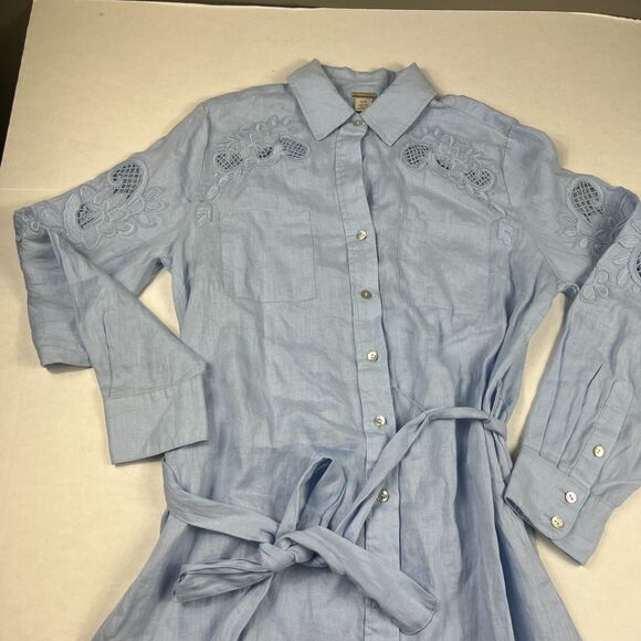 Magaschoni Linen Button Shirt Dress Blue Tie Waist Long Sleeve Embroidered M - Picture 3 of 9